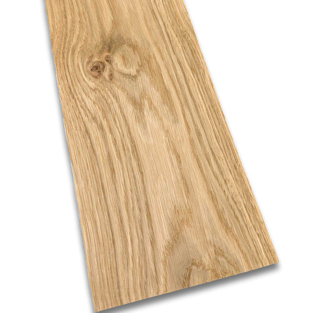 Eiken rustiek houtfineer 59 x 14 cm met natuurlijke noesten en nerfstructuur. Ideaal voor meubelbekleding of restauratieprojecten.